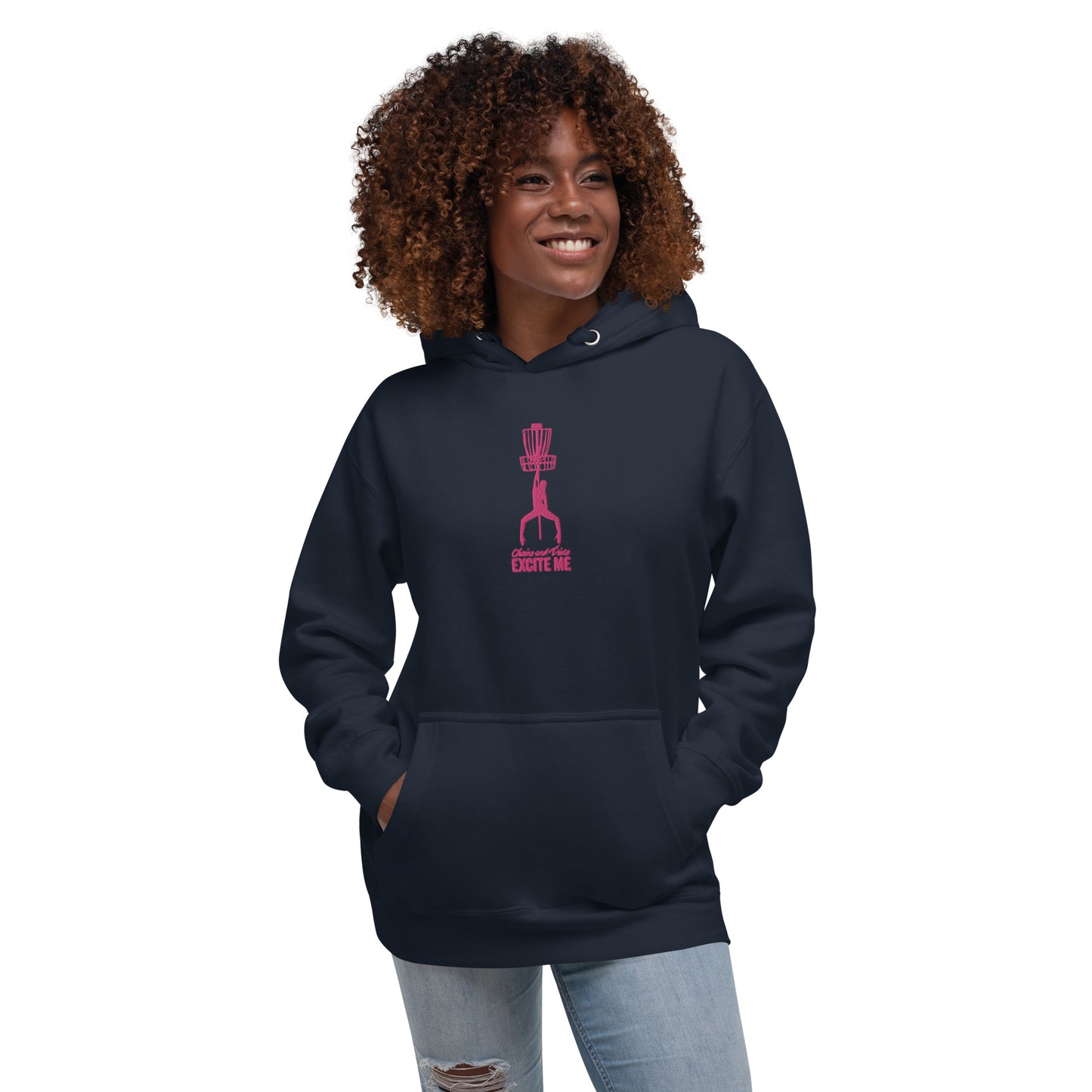 Chains and Disc's Excite Me Hoodie with pink embroidery